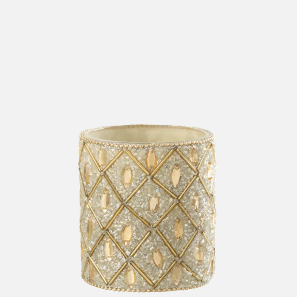White & Gold Beaded Glass Tealight Holder – Large