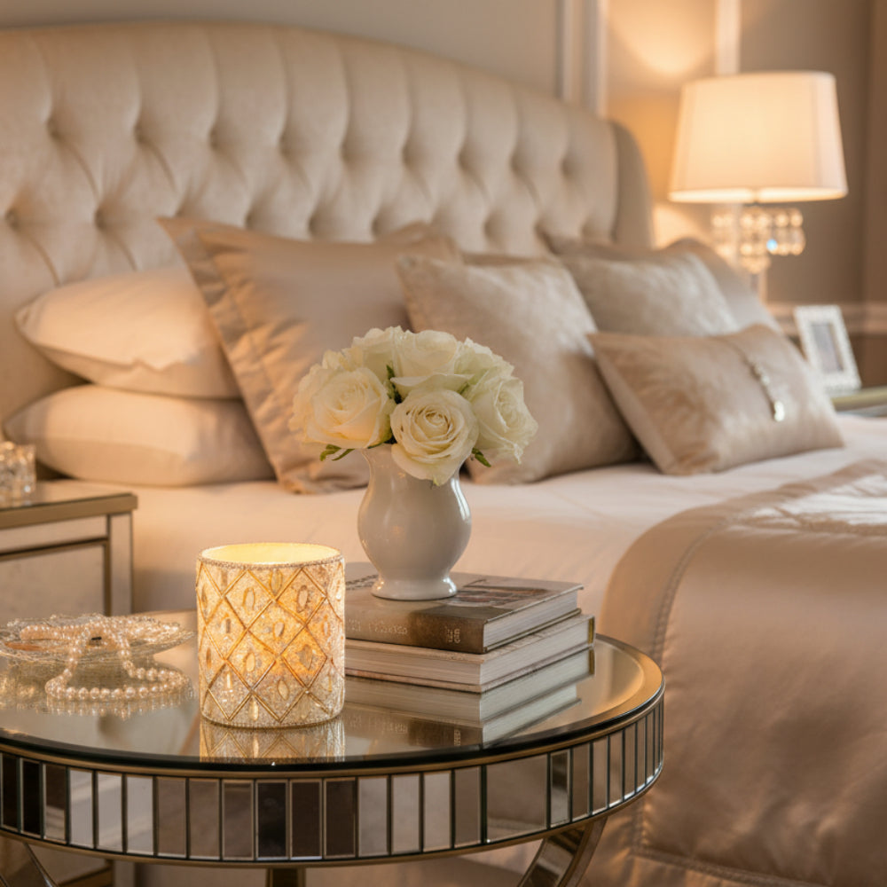 White & Gold Beaded Glass Tealight Holder – Large