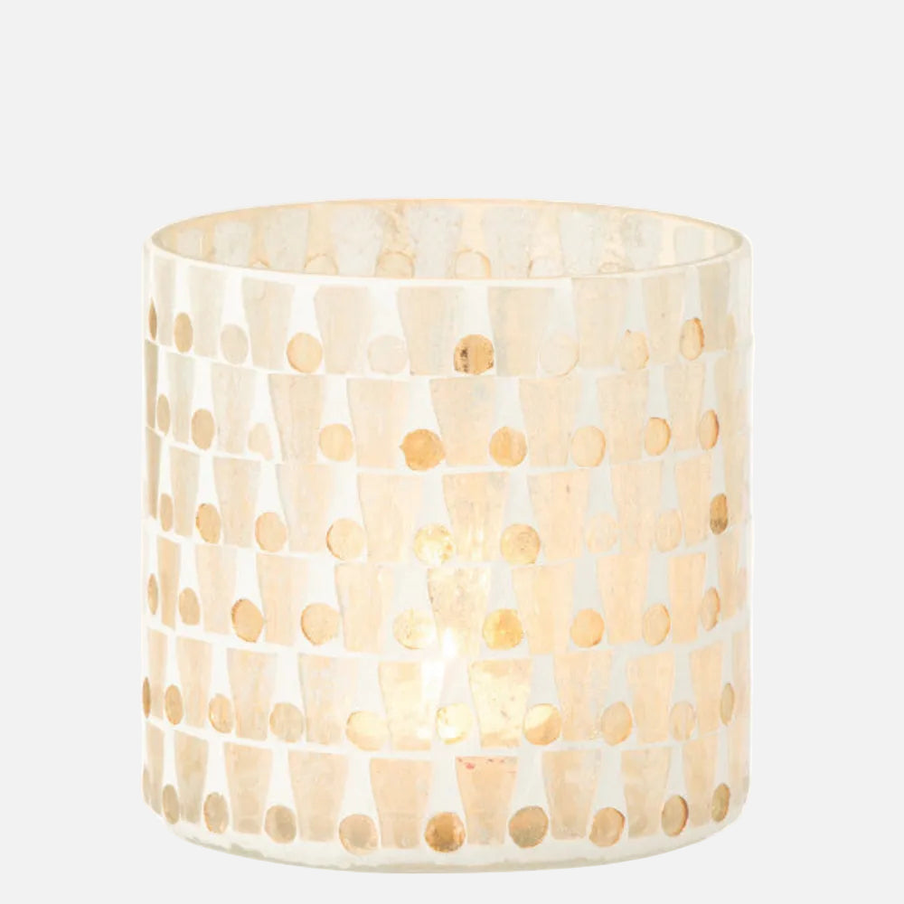Cylinder Mosaic Glass Candle Holder – Off-White & Gold