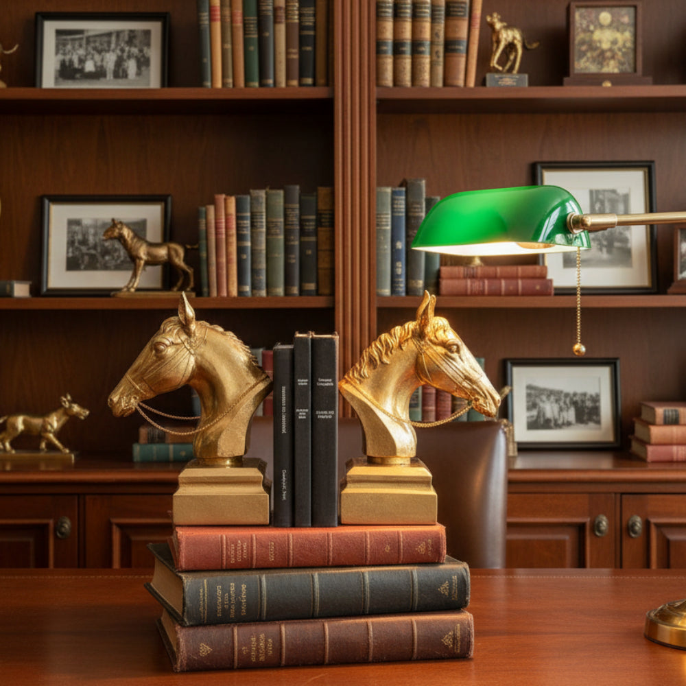 Gold Horse Head Bookends Set of 2 – Decorative Shelf Support